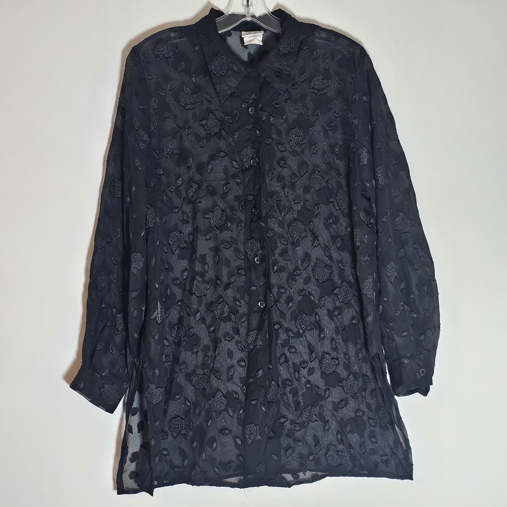 Jaclyn Smith Top Womens Medium Black Floral Textured Satin Long Sleeve Button Up